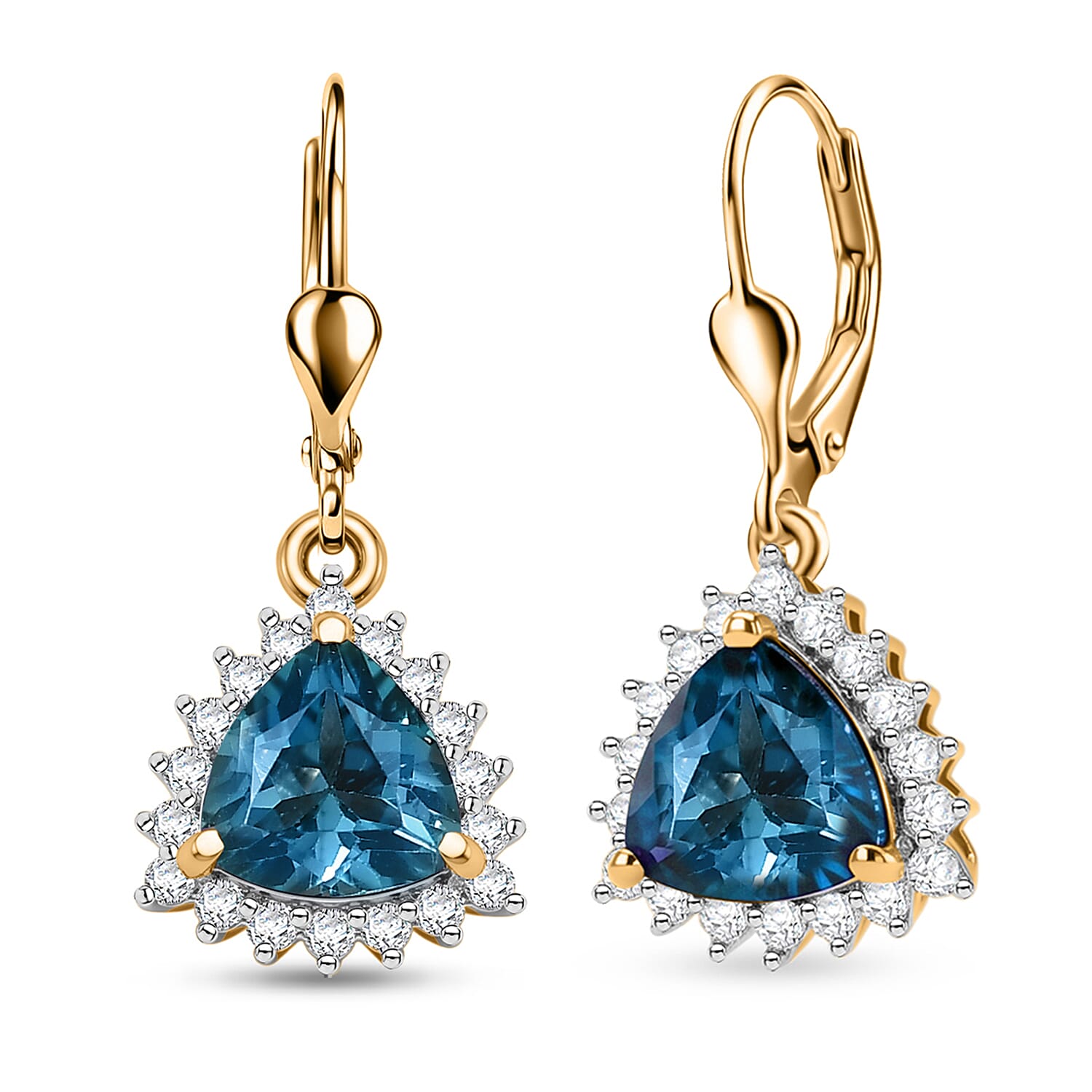 Royal Bali Collection - D'Joy London Blue Topaz & White Zircon Trillion Cut Halo Earring with Lever Back in 18K Vermeil Yellow Gold Plated Sterling Silver 2.08 Ct.