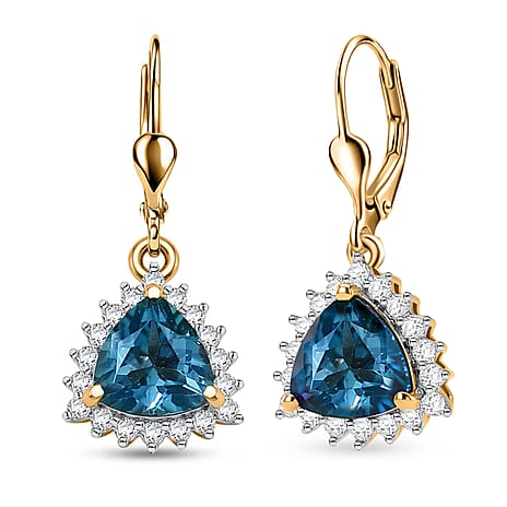 Royal Bali Collection - D'Joy London Blue Topaz & White Zircon Trillion Cut Halo Earring with Lever Back in 18K Vermeil Yellow Gold Plated Sterling Silver 2.08 Ct.