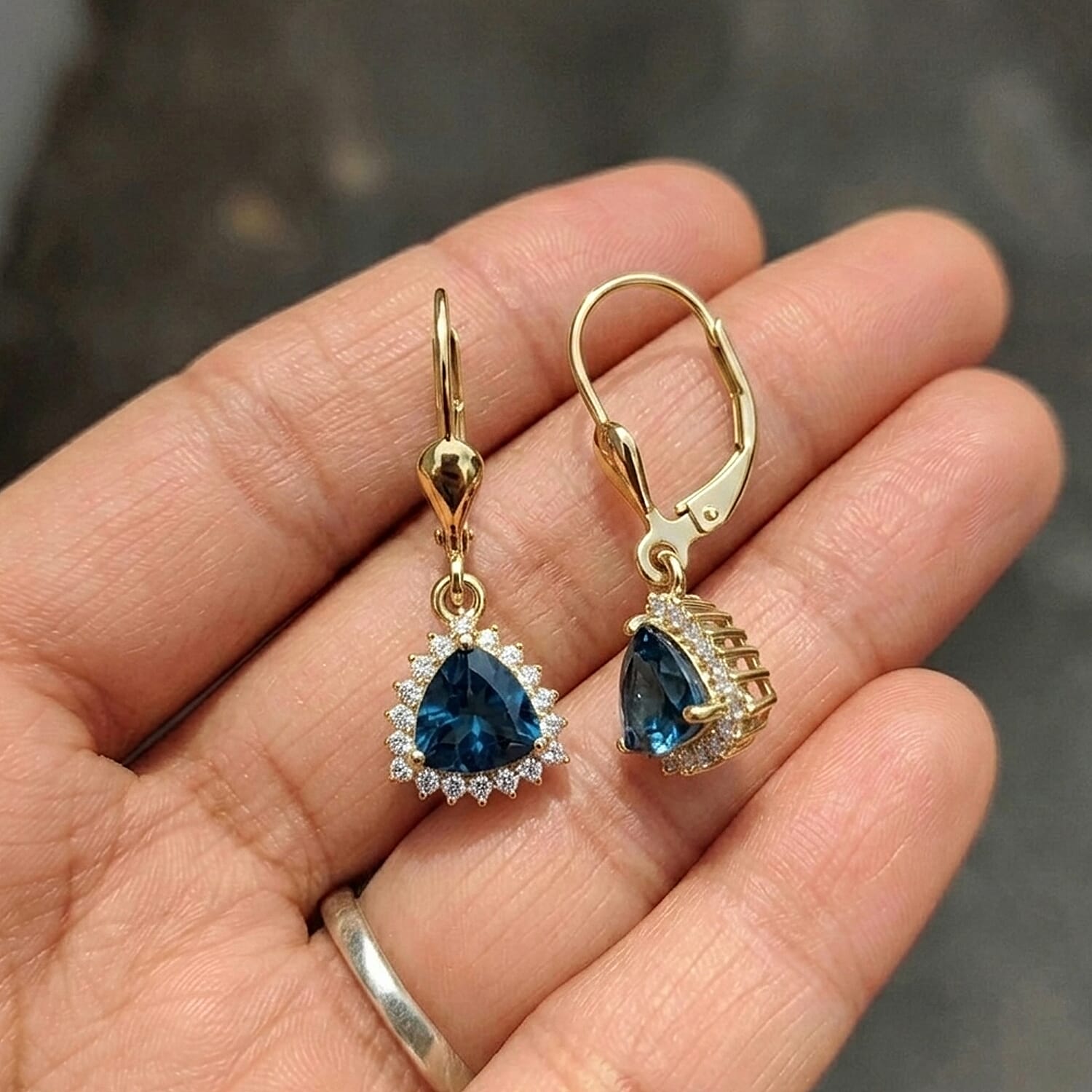 Royal Bali Collection - D'Joy London Blue Topaz & White Zircon Trillion Cut Halo Earring with Lever Back in 18K Vermeil Yellow Gold Plated Sterling Silver 2.08 Ct.