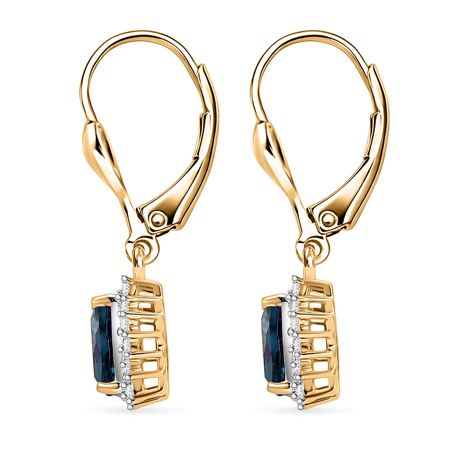 Royal Bali Collection - D'Joy London Blue Topaz & White Zircon Trillion Cut Halo Earring with Lever Back in 18K Vermeil Yellow Gold Plated Sterling Silver 2.08 Ct.