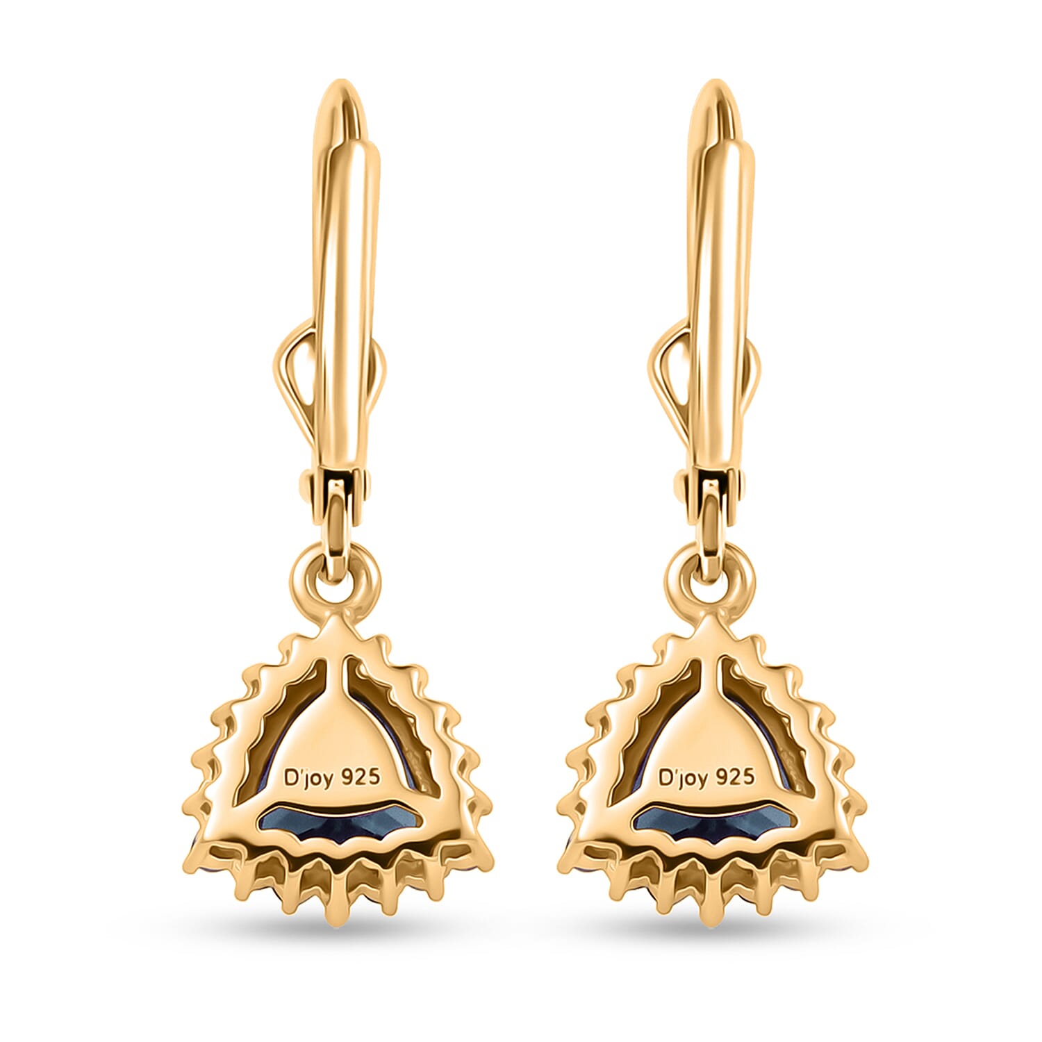 Royal Bali Collection - D'Joy London Blue Topaz & White Zircon Trillion Cut Halo Earring with Lever Back in 18K Vermeil Yellow Gold Plated Sterling Silver 2.08 Ct.