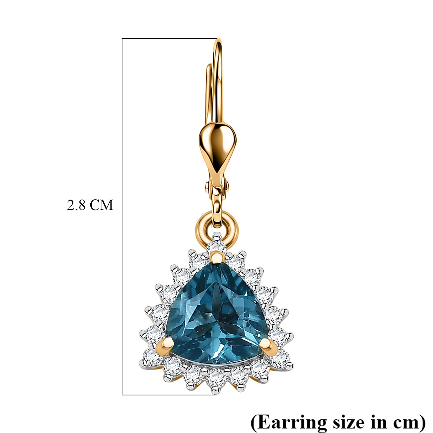 Royal Bali Collection - D'Joy London Blue Topaz & White Zircon Trillion Cut Halo Earring with Lever Back in 18K Vermeil Yellow Gold Plated Sterling Silver 2.08 Ct.