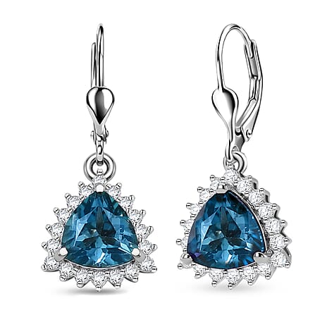 Royal Bali Collection - D'Joy London Blue Topaz & White Zircon Trillion Cut Halo Earring with Lever Back in Rhodium Overlay Sterling Silver 2.08 Ct.