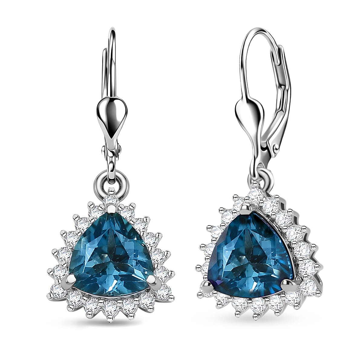 Royal Bali Collection - D'Joy London Blue Topaz & White Zircon Trillion Cut Halo Earring with Lever Back in Rhodium Overlay Sterling Silver 2.08 Ct.