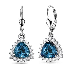 Royal Bali Collection - D'Joy London Blue Topaz & White Zircon Trillion Cut Halo Earring with Lever Back in 18K Vermeil Yellow Gold Plated Sterling Silver 2.08 Ct.