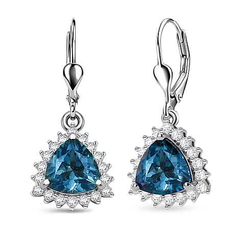 Royal Bali Collection - D'Joy London Blue Topaz & White Zircon Trillion Cut Halo Earring with Lever Back in Rhodium Overlay Sterling Silver 2.08 Ct.