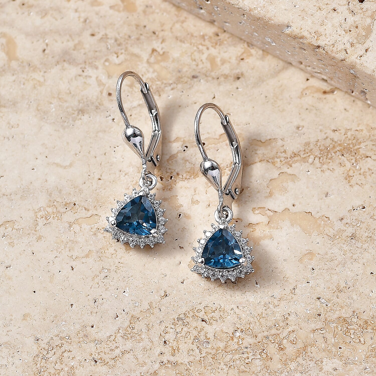 Royal Bali Collection - D'Joy London Blue Topaz & White Zircon Trillion Cut Halo Earring with Lever Back in Rhodium Overlay Sterling Silver 2.08 Ct.