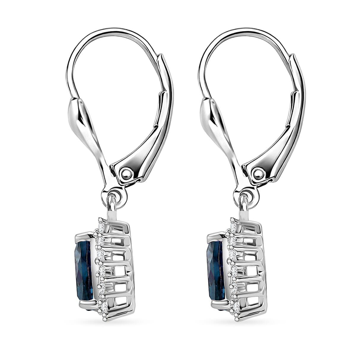 Royal Bali Collection - D'Joy London Blue Topaz & White Zircon Trillion Cut Halo Earring with Lever Back in Rhodium Overlay Sterling Silver 2.08 Ct.