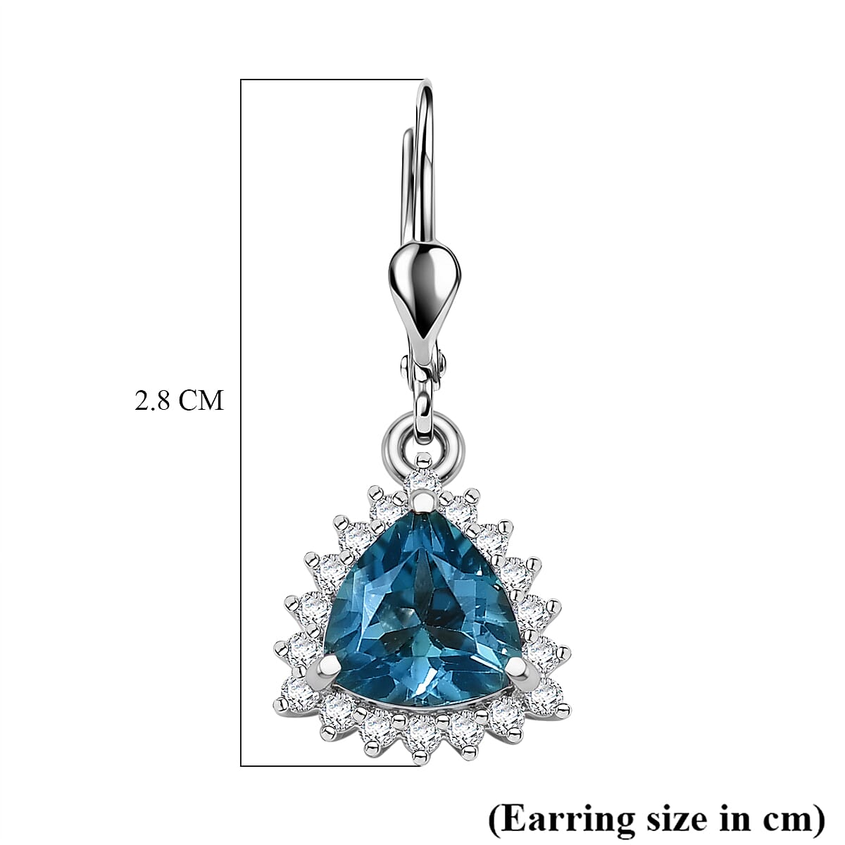Royal Bali Collection - D'Joy London Blue Topaz & White Zircon Trillion Cut Halo Earring with Lever Back in Rhodium Overlay Sterling Silver 2.08 Ct.