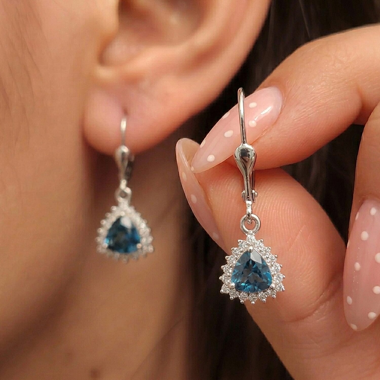 Royal Bali Collection - D'Joy London Blue Topaz & White Zircon Trillion Cut Halo Earring with Lever Back in Rhodium Overlay Sterling Silver 2.08 Ct.