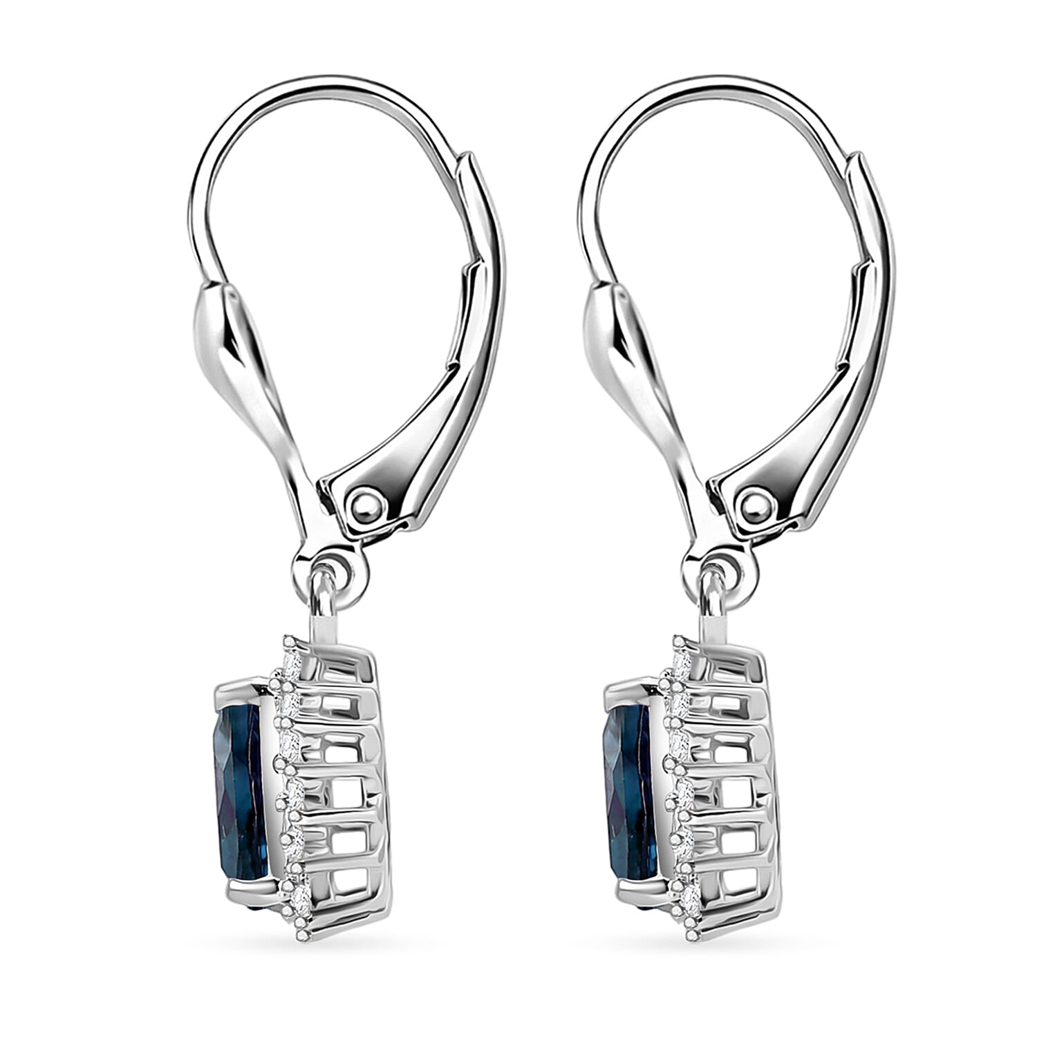 Royal Bali Collection - D'Joy London Blue Topaz & White Zircon Trillion Cut Halo Earring with Lever Back in Rhodium Overlay Sterling Silver 2.08 Ct.