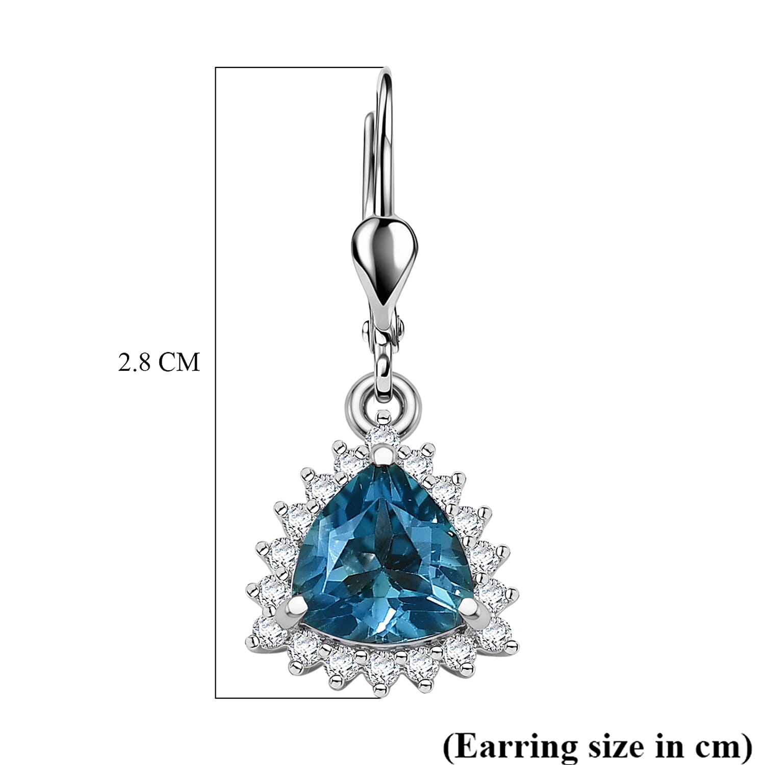 Royal Bali Collection - D'Joy London Blue Topaz & White Zircon Trillion Cut Halo Earring with Lever Back in Rhodium Overlay Sterling Silver 2.08 Ct.