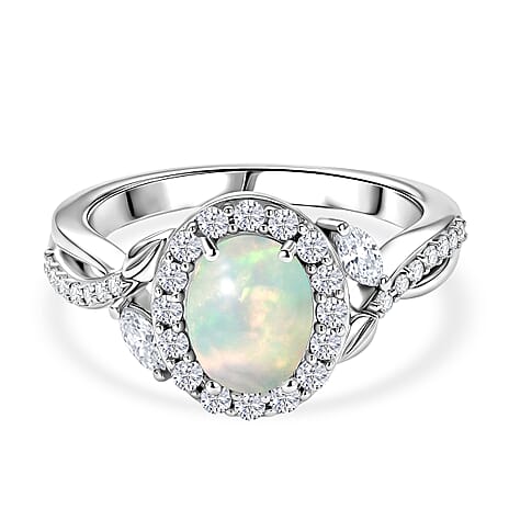Royal Bali Collection - D'Joy Ethiopian Opal & Moissanite Halo Ring in Rhodium Overlay Sterling Silver 1.44 Ct.