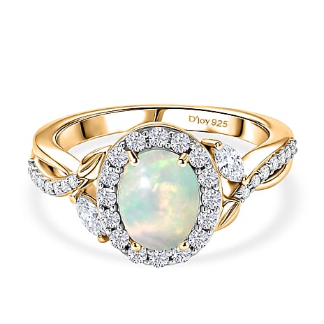 Royal Bali Collection - D'Joy Ethiopian Opal & Moissanite Halo Ring in 18K Vermeil Yellow Gold Plated Sterling Silver 1.50 Ct.
