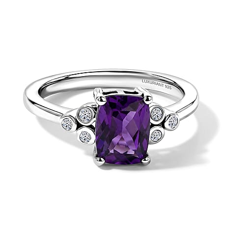Luxuriant African Amethyst, Lab Grown Diamond Main Stone With Side Stone Ring in Rhodium OverlaySterling Silver  1.490  Ct.