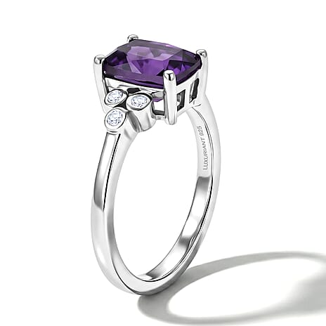 Luxuriant African Amethyst, Lab Grown Diamond Main Stone With Side Stone Ring in Rhodium OverlaySterling Silver  1.490  Ct.