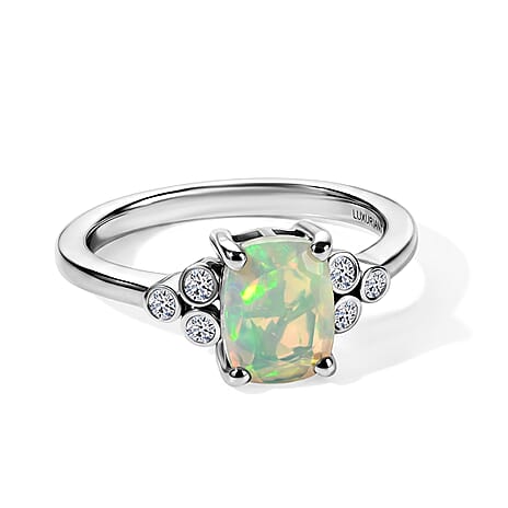 Luxuriant Ethiopian Opal, Lab Grown Diamond Main Stone With Side Stone Ring in Rhodium OverlaySterling Silver  0.960  Ct.