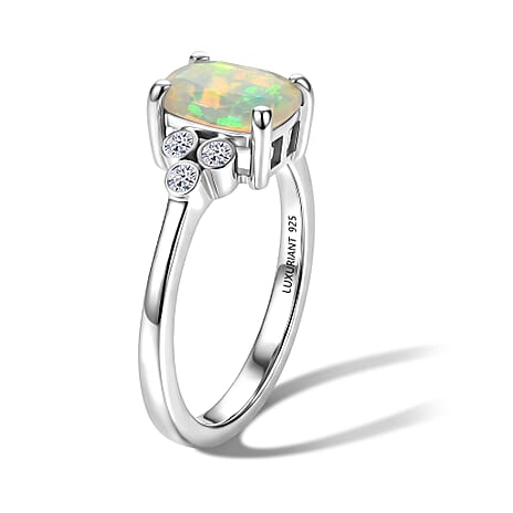 Luxuriant Ethiopian Opal, Lab Grown Diamond Main Stone With Side Stone Ring in Rhodium OverlaySterling Silver  0.960  Ct.