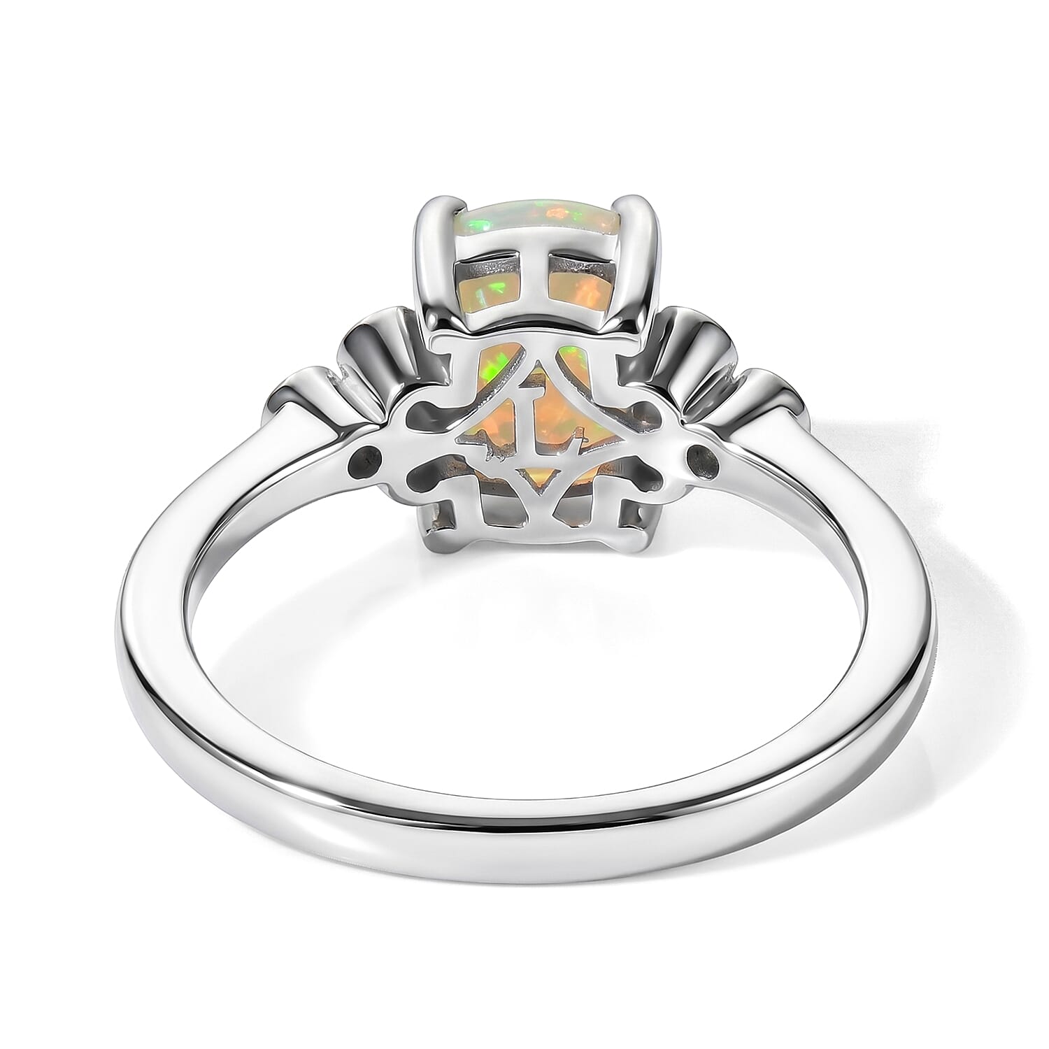 Luxuriant Ethiopian Opal, Lab Grown Diamond Main Stone With Side Stone Ring in Rhodium OverlaySterling Silver  0.960  Ct.