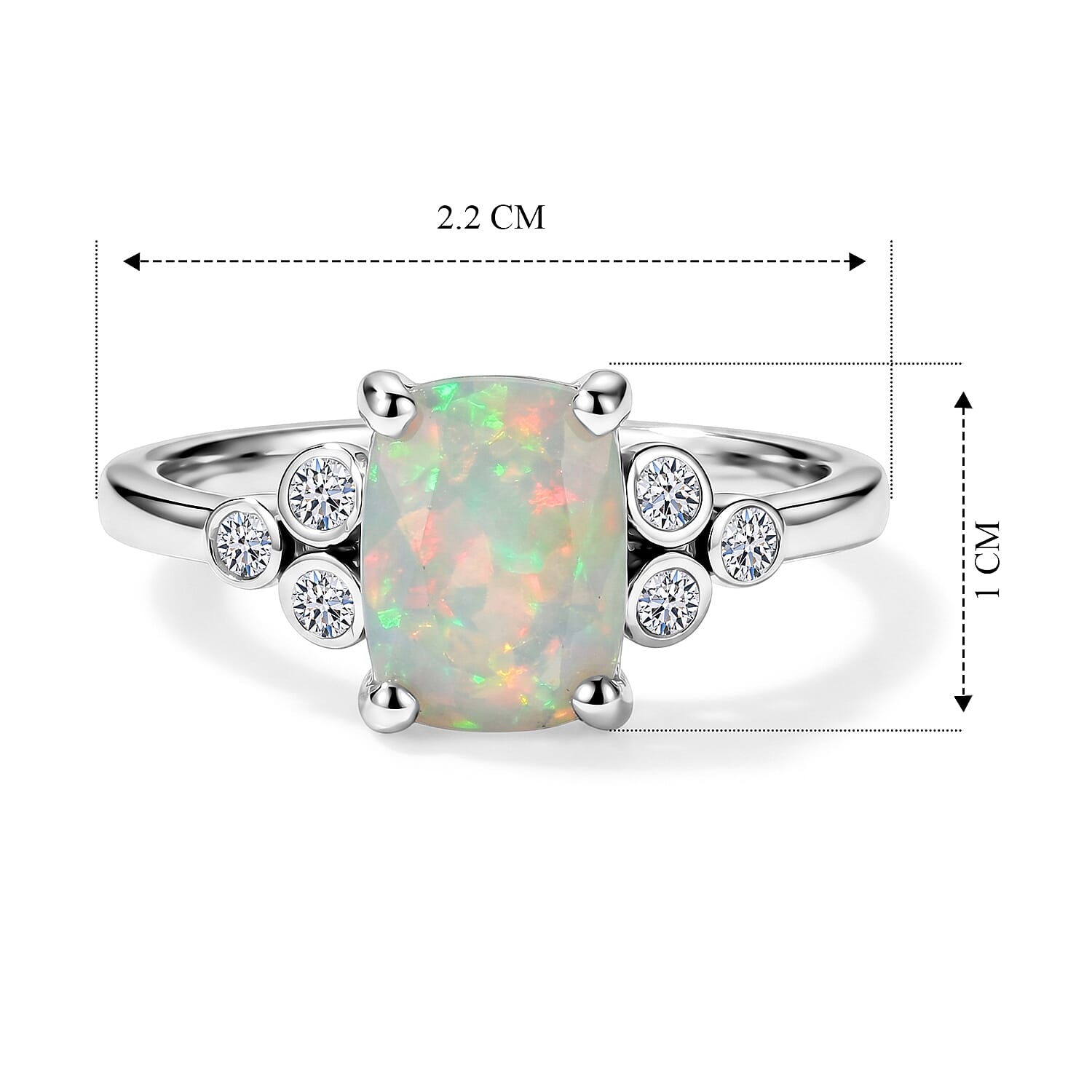 Luxuriant Ethiopian Opal, Lab Grown Diamond Main Stone With Side Stone Ring in Rhodium OverlaySterling Silver  0.960  Ct.