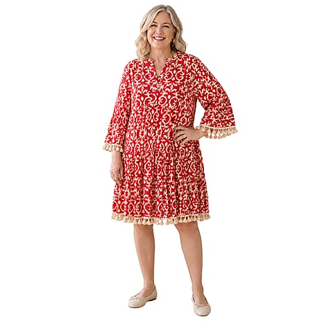 Wildflower Tassel & Shell Smock Style Dress (Size M, 12-14) - Red