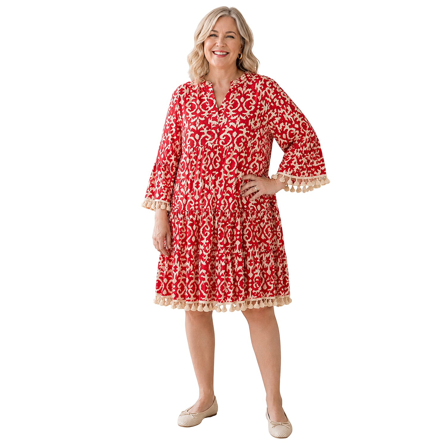Wildflower Tassel & Shell Smock Style Dress (Size - S, 8-10) - Red
