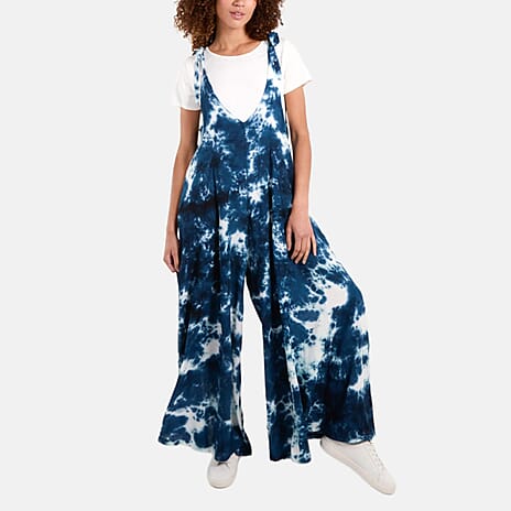 QED London Tye Dye Wide Leg Jumpsuit (One Size) - Navy & White