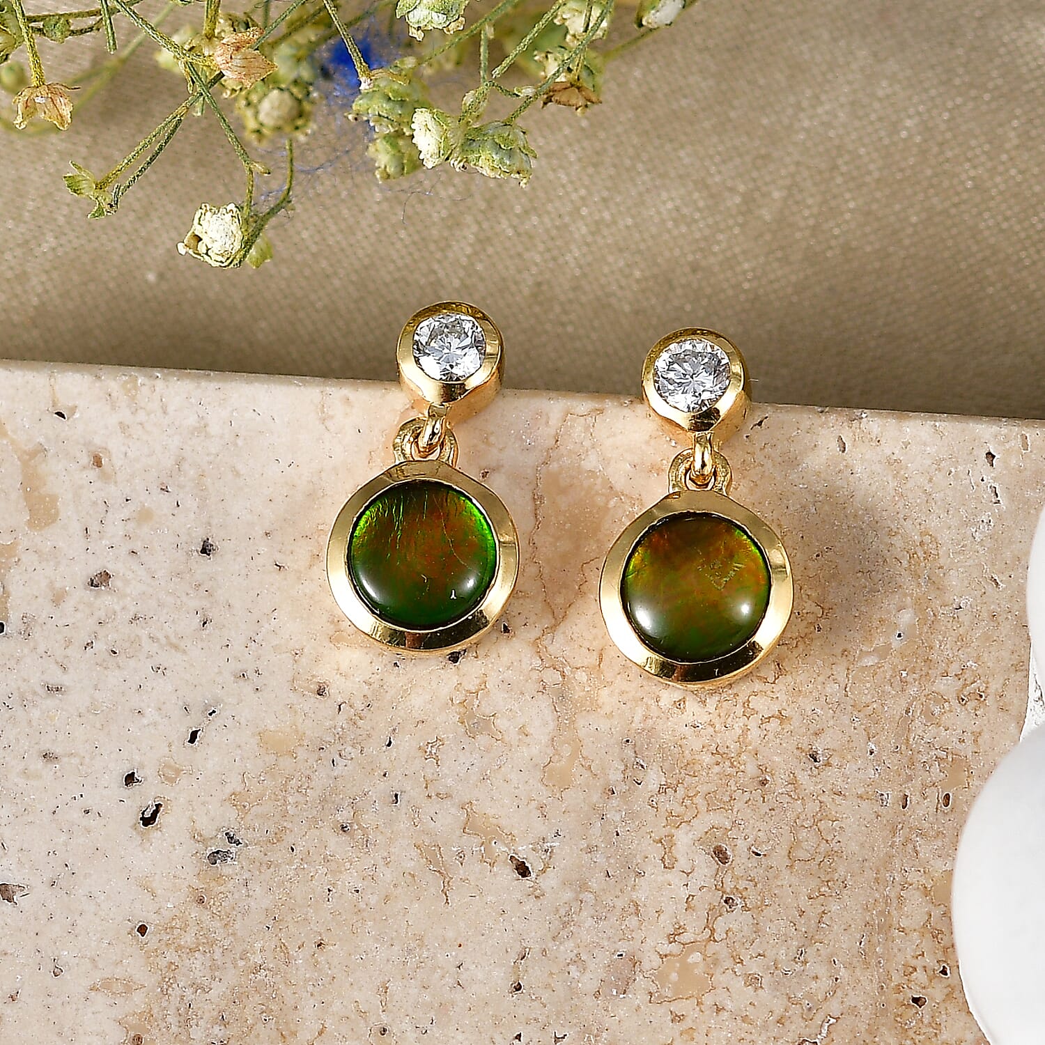 Luxuriant - Ammolite & Lab Grown Diamond (SI-G-H) Dangling Earring with Push Post in 18K Vermeil Yellow Gold Plated Sterling Silver 1.90 Ct.
