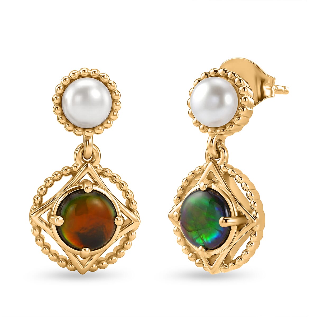 D'Joy - Ammolite & Fresh Water Pearl Dangling Earring with Push Post in 18K Vermeil Yellow Gold Plated Sterling Silver 3.00 Ct.