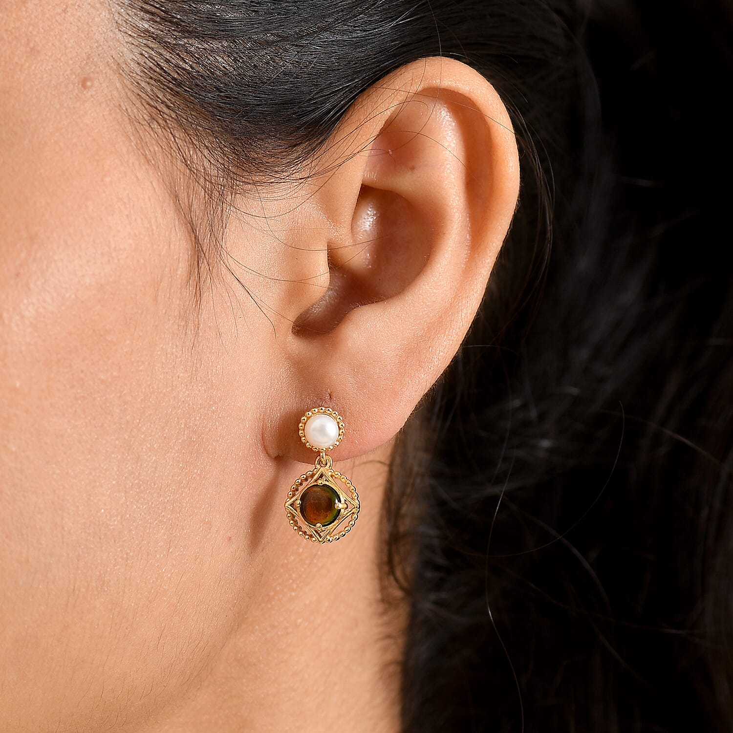 D'Joy - Ammolite & Fresh Water Pearl Dangling Earring with Push Post in 18K Vermeil Yellow Gold Plated Sterling Silver 3.00 Ct.