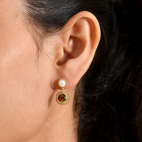 D'Joy - Ammolite & Fresh Water Pearl Dangling Earring with Push Post in 18K Vermeil Yellow Gold Plated Sterling Silver 3.00 Ct.