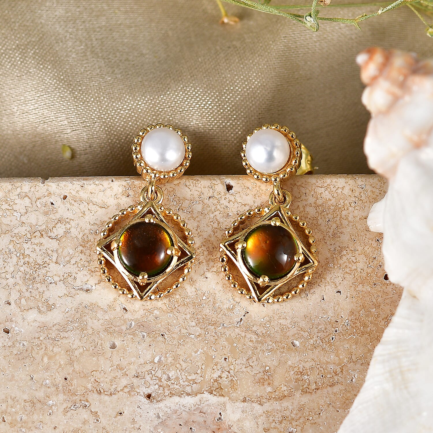 D'Joy - Ammolite & Fresh Water Pearl Dangling Earring with Push Post in 18K Vermeil Yellow Gold Plated Sterling Silver 3.00 Ct.