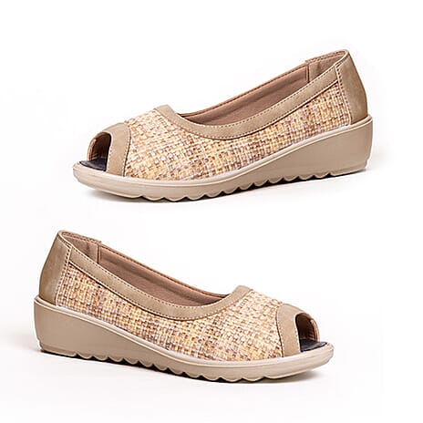 Celine Ladies Peep - Toe Sandals with Comfortable Cushioned Low Wedge Heels (Size 5) - Beige