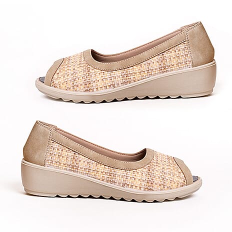 Celine Ladies Peep - Toe Sandals with Comfortable Cushioned Low Wedge Heels (Size 6) - Beige