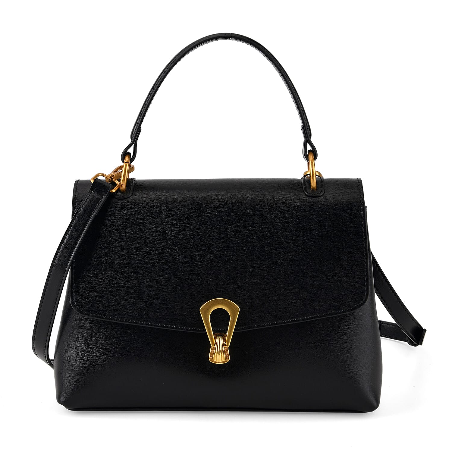Genuine Leather Top-Handle Satchel Bag with Adjustable Shoulder Strap - Black