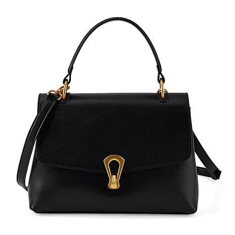 Genuine Leather Top-Handle Satchel Bag with Adjustable Shoulder Strap - Black