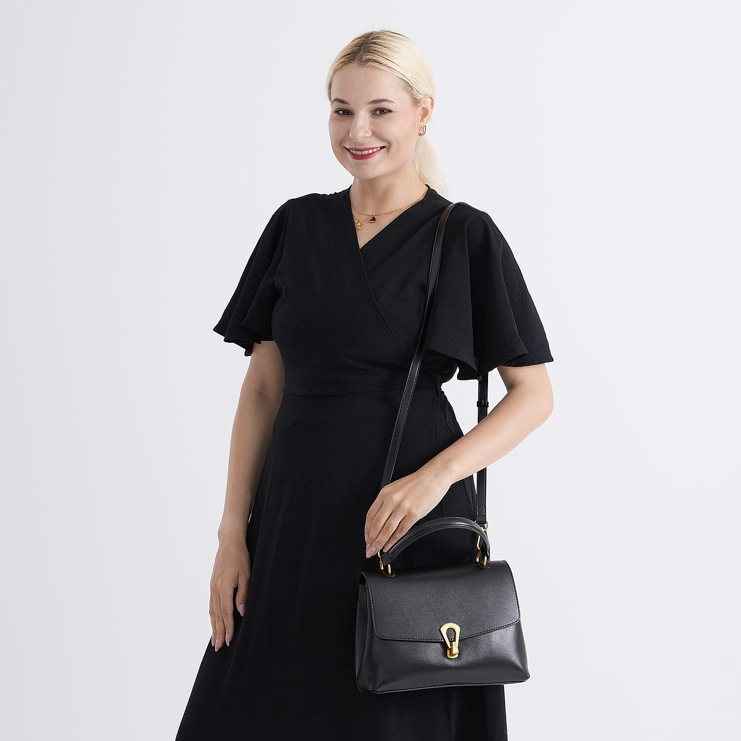 Genuine Leather Top-Handle Satchel Bag with Adjustable Shoulder Strap - Black