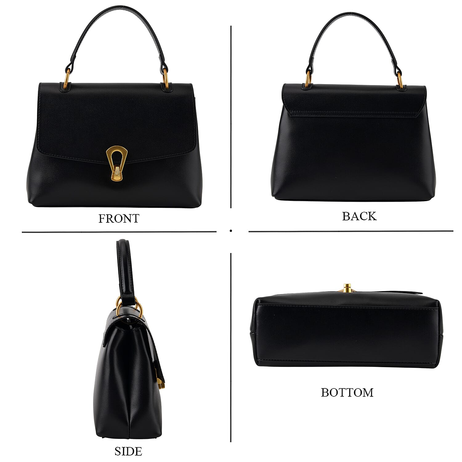 Genuine Leather Top-Handle Satchel Bag with Adjustable Shoulder Strap - Black