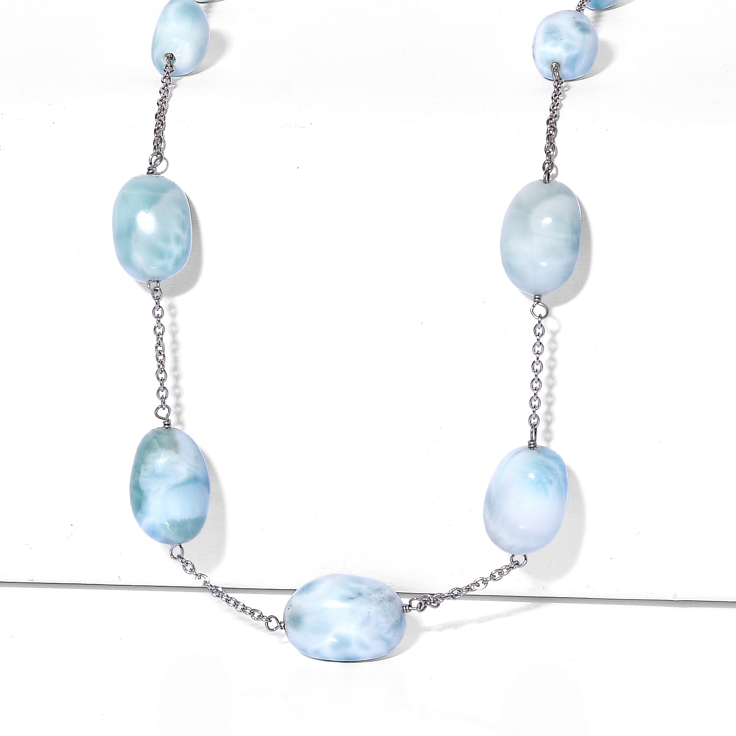 D'Joy - Larimar Beads Necklace (Size - 20) in Rhodium Overlay Sterling Silver 90.00 Ct.