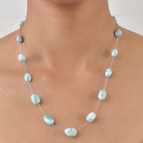 Tucson Buy - Natural Larimar Necklace (Size - 20) in Rhodium Overlay Sterling Silver 90.00 Ct.