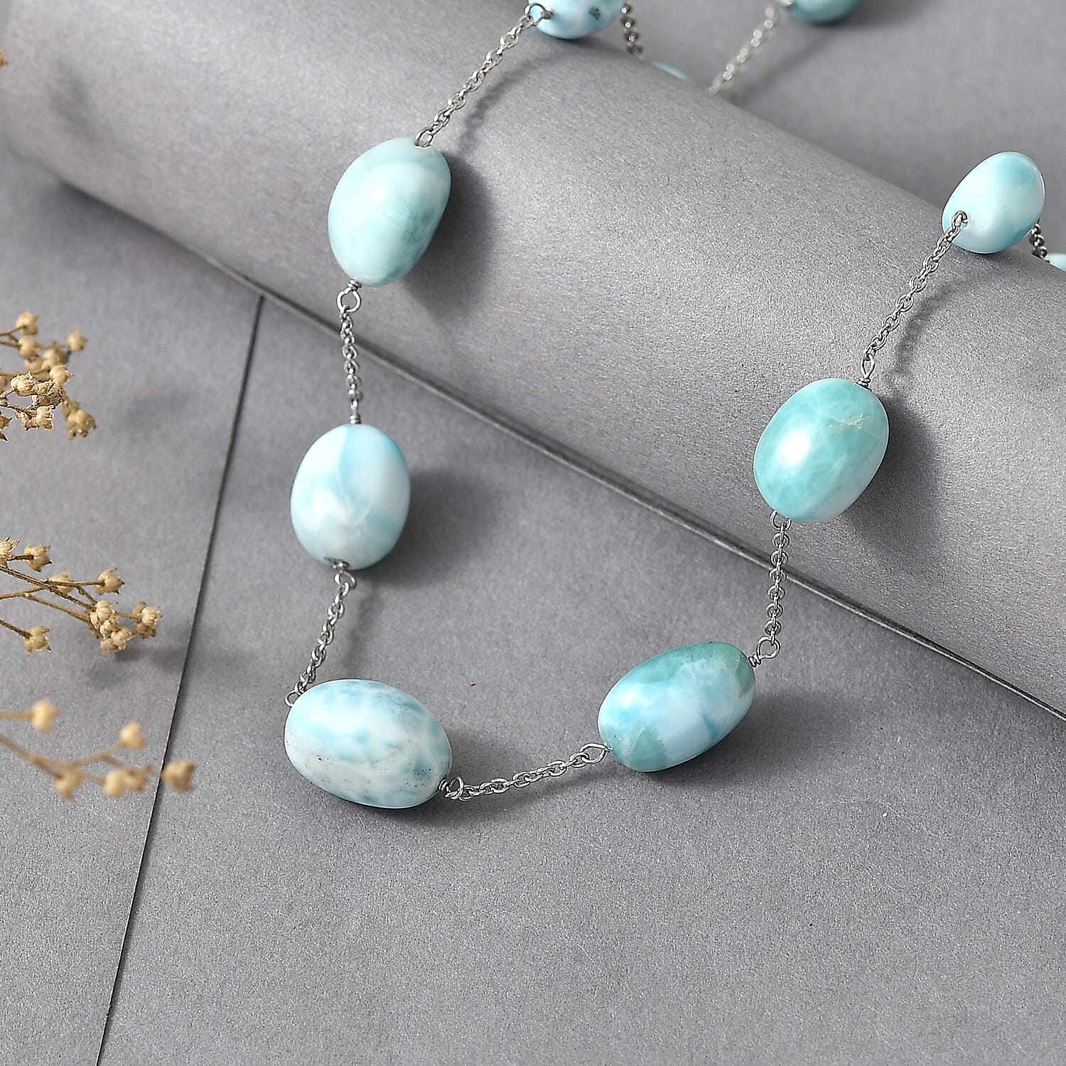 D'Joy - Larimar Beads Necklace (Size - 20) in Rhodium Overlay Sterling Silver 90.00 Ct.
