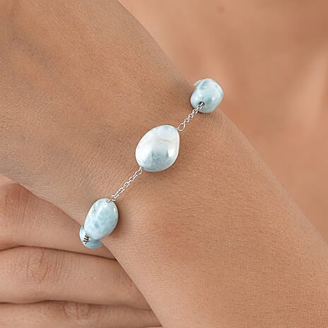 D'Joy - Larimar Beads Bracelet (Size - 7.5-2 Ext) in Rhodium Overlay Sterling Silver 45.00 Ct.