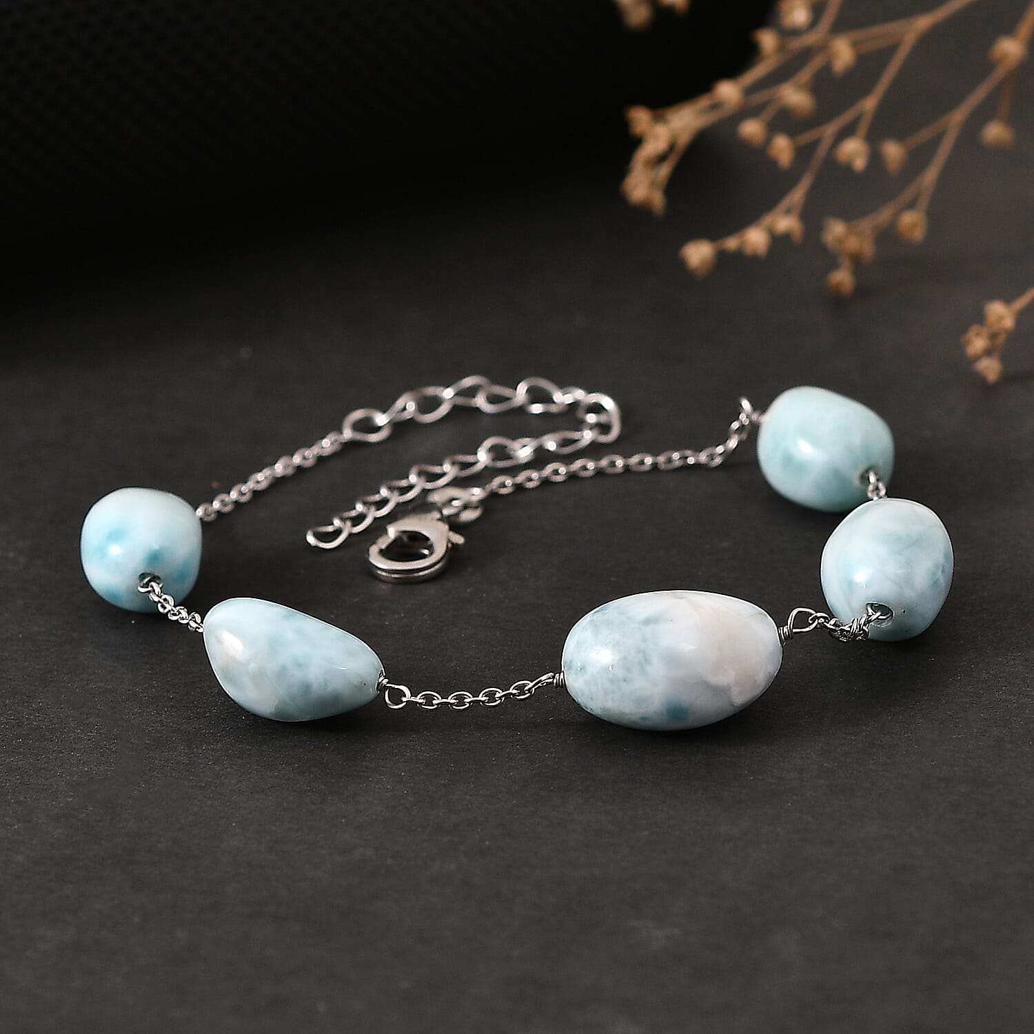 D'Joy - Larimar Beads Bracelet (Size - 7.5-2 Ext) in Rhodium Overlay Sterling Silver 45.00 Ct.