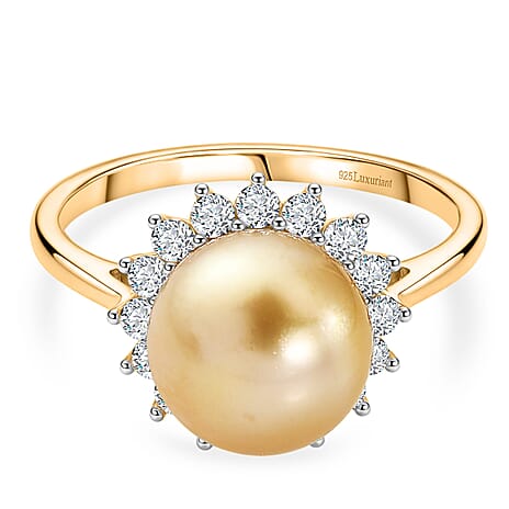 Luxuriant - Golden South Sea Pearl & Lab Grown Diamond (SI-G-H) Halo Ring in 18K Vermeil Yellow Gold Plated Sterling Silver 8.60 Ct.