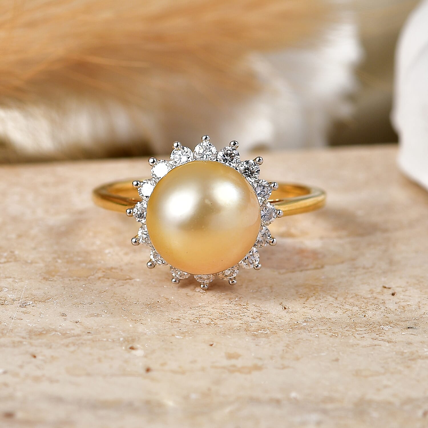 Luxuriant - Golden South Sea Pearl & Lab Grown Diamond (SI-G-H) Halo Ring in 18K Vermeil Yellow Gold Plated Sterling Silver 8.60 Ct.