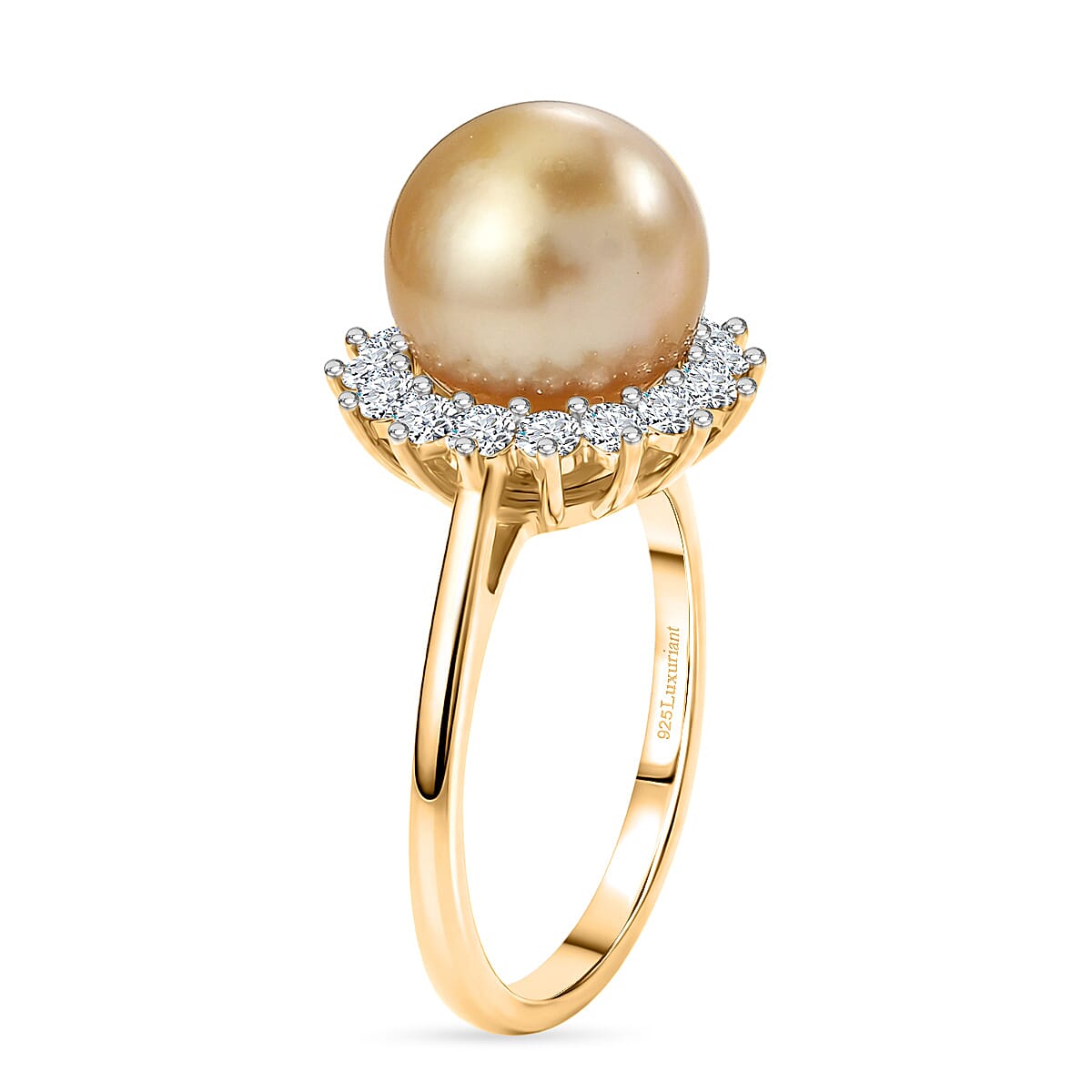 Luxuriant - Golden South Sea Pearl & Lab Grown Diamond (SI-G-H) Halo Ring in 18K Vermeil Yellow Gold Plated Sterling Silver 8.60 Ct.