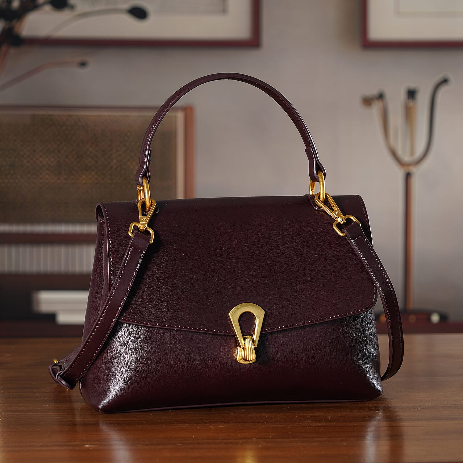 Genuine Leather Top-Handle Satchel Bag with Adjustable Shoulder Strap - Burgundy