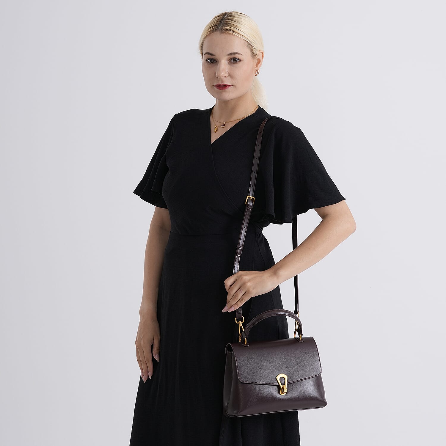 Genuine Leather Top-Handle Satchel Bag with Adjustable Shoulder Strap - Burgundy