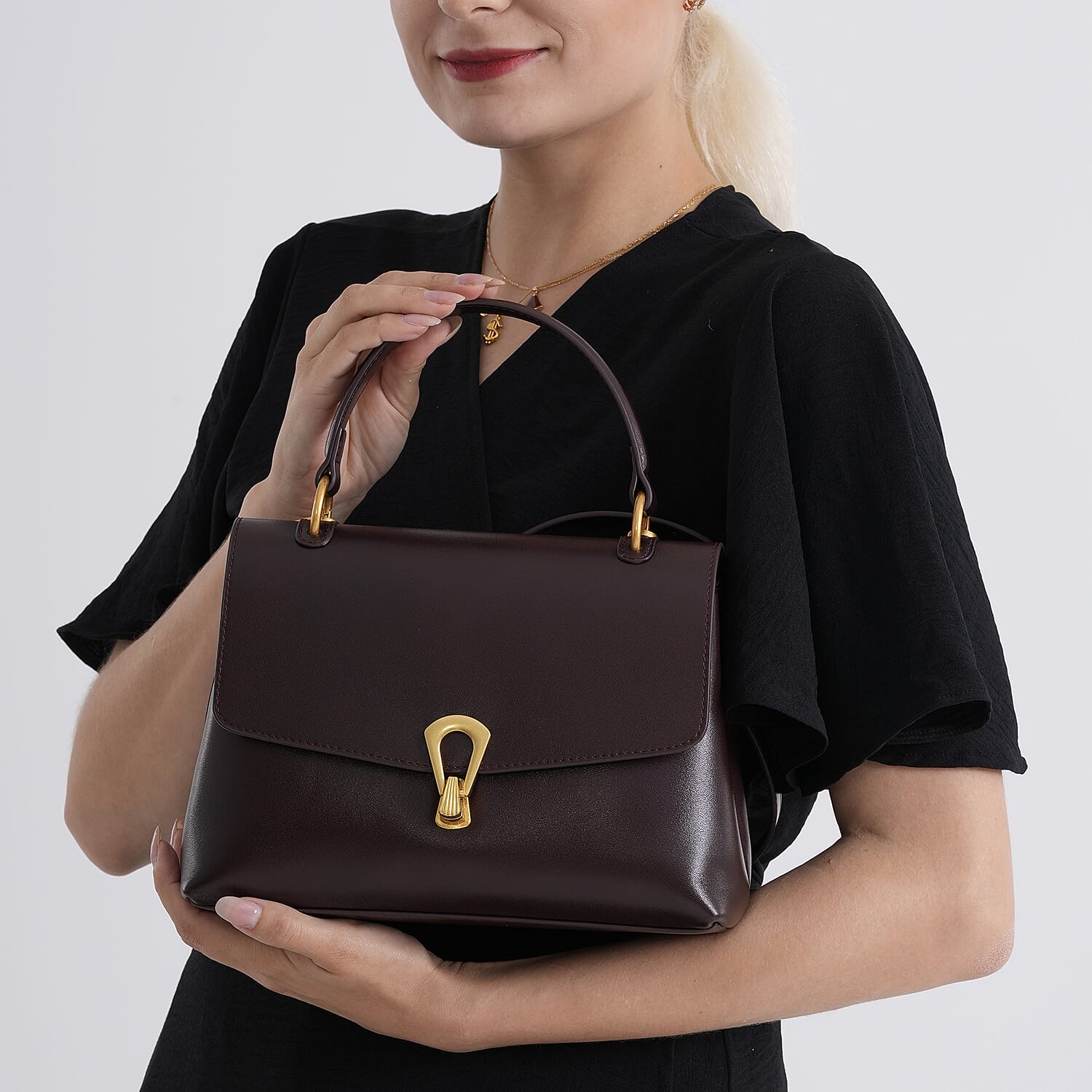 Genuine Leather Top-Handle Satchel Bag with Adjustable Shoulder Strap - Burgundy