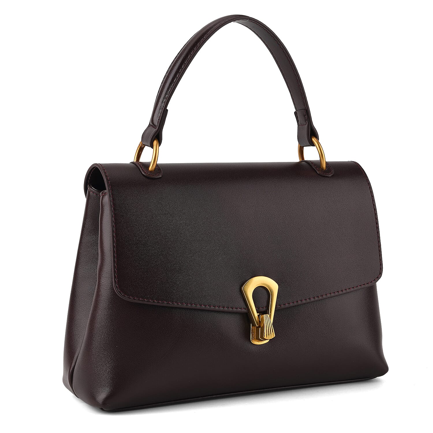 Genuine Leather Top-Handle Satchel Bag with Adjustable Shoulder Strap - Burgundy